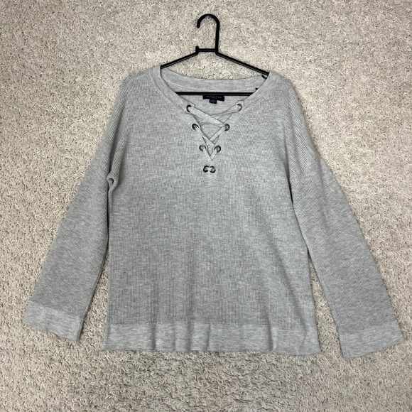 American Eagle Outfitters Sweaters - American Eagle Lace Up Waffle Knit Sweater Womens Large Gray Jegging Fit Comfy